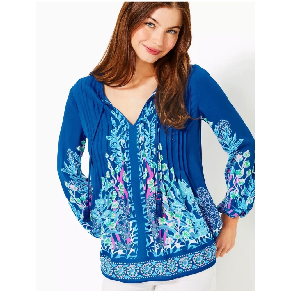 Lilly Pulitzer Marilina Top Barton Blue Seacret Escape Enginee XL Resortwear